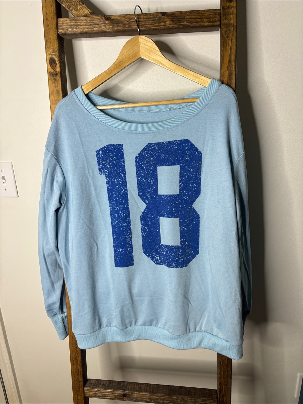 SHEIN Light Blue Off-the-Shoulder Sweater with Blue '18' Graphic Size L
